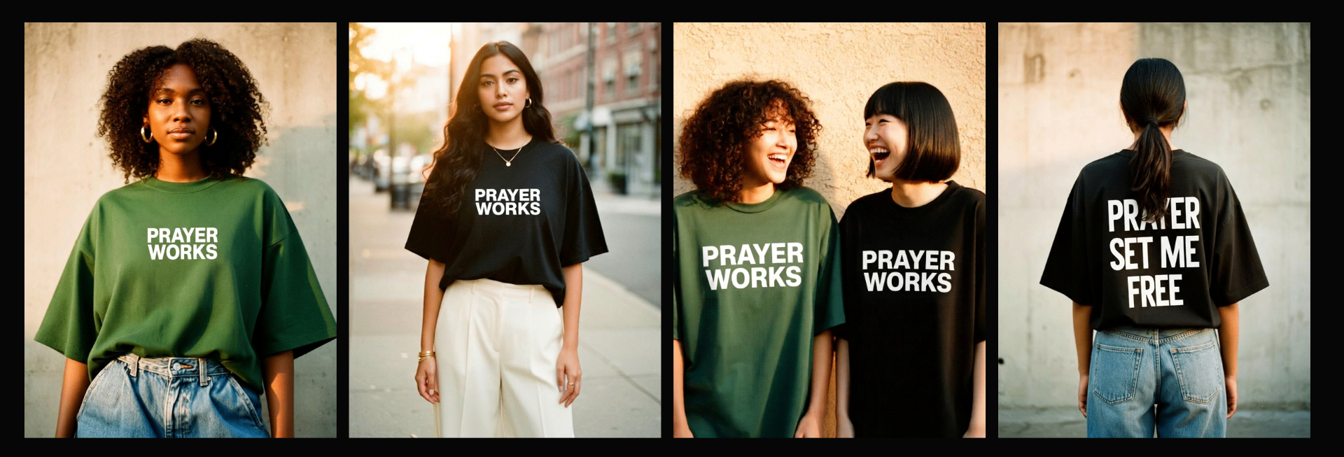 Models wearing Prayer Works lifestyle apparel